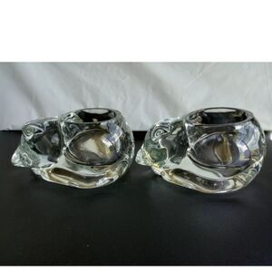Set of 2 Indiana Glass Crystal Sleeping Kitty Cat Votive Candle Holder S…